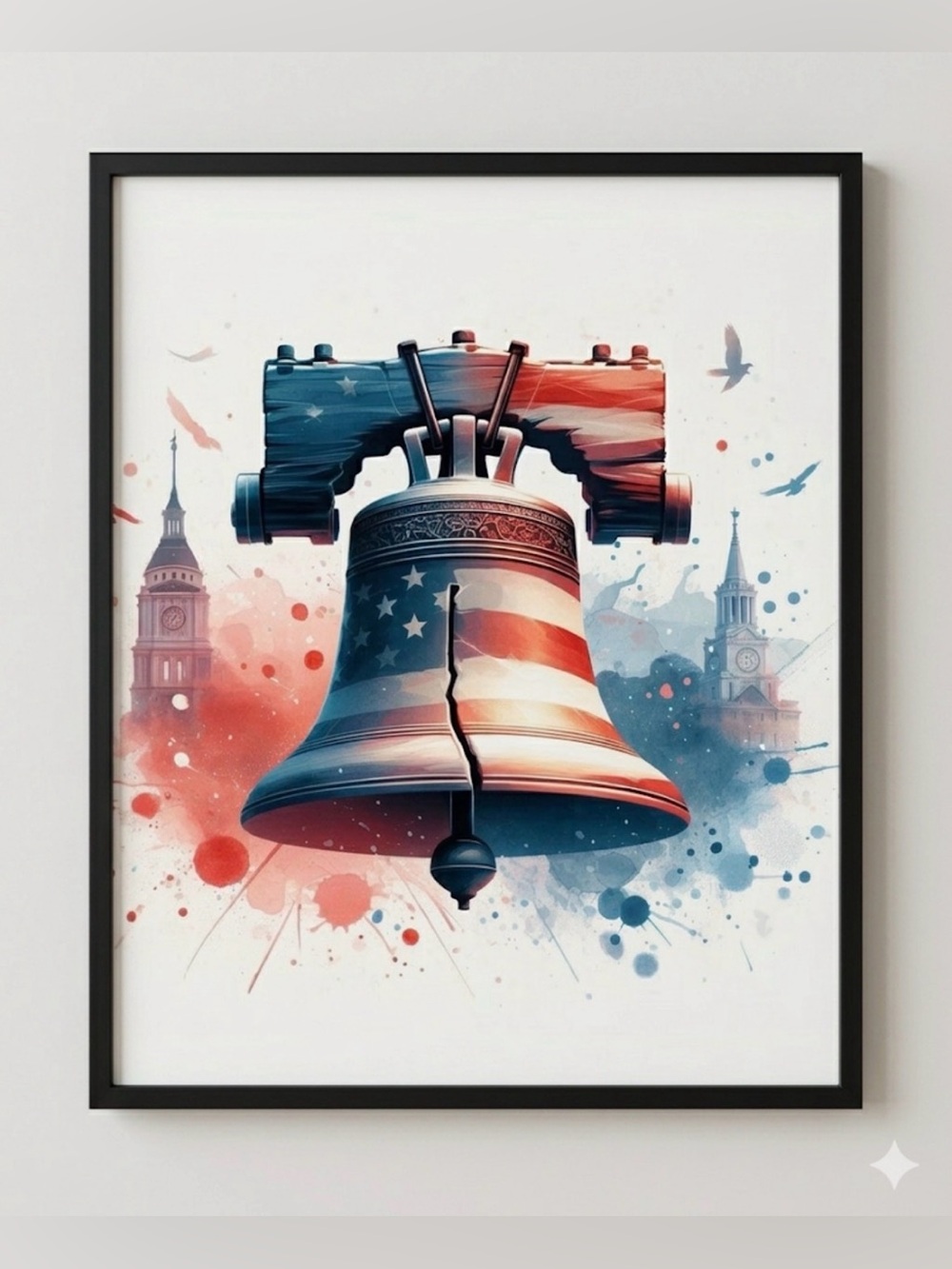 Framed 8x10 Patriotic Liberty Bell Wall Art Print in Red and Blue